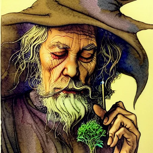 Image similar to a realistic and atmospheric watercolour fantasy character concept art portrait of gandalf smoking weed looking at the camera with an intelligent gaze by rebecca guay, michael kaluta, charles vess and jean moebius giraud