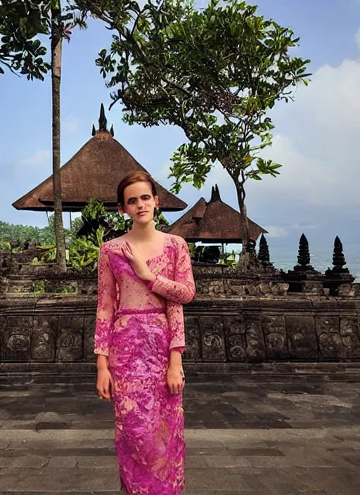 Prompt: emma watson wearing kebaya bali in bali. iconic place in bali. front view. instagram holiday photo shoot, perfect faces, award winning photograph