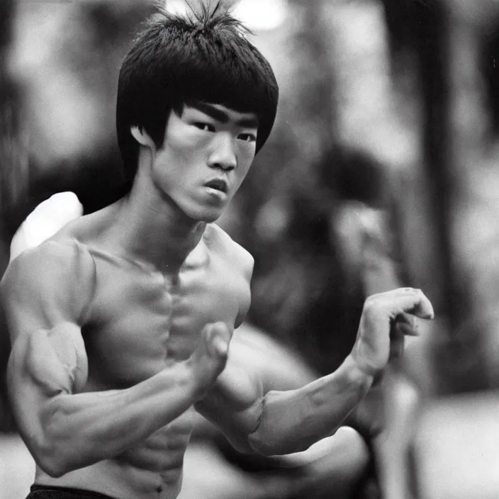 Prompt: epic beautiful young bruce lee performance in 1 9 9 5 spikey hair blonde cute hd portrait leica zeiss trending
