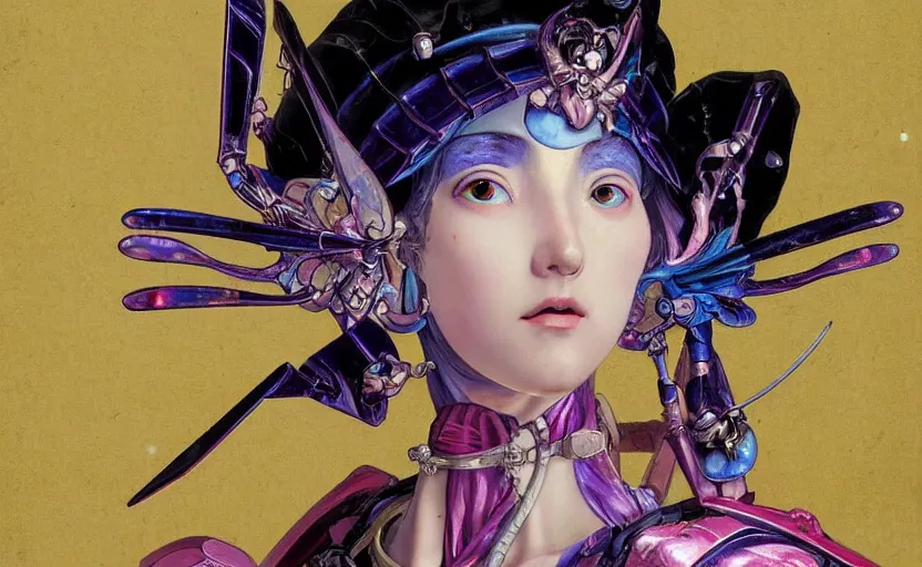 Prompt: a baroque neoclassicist renaissance close - up portrait of a blue and pink iridescent whimsical 1 8 0 0 s japanese mecha gundam butterfly witch. reflective detailed textures. glowing eyes, dark background. highly detailed fantasy science fiction painting by moebius, norman rockwell, frank frazetta, and syd mead. rich colors, high contrast. artstation