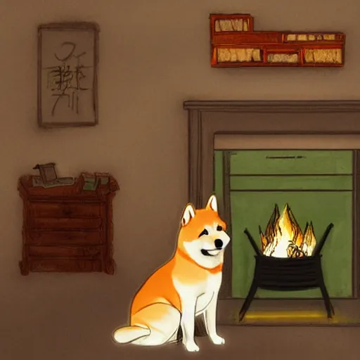 Prompt: shiba inu next to a fireplace, digital art, by Yoshitaka Amano, trending on artstation