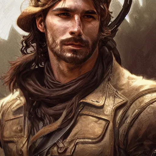 Prompt: portrait of a rugged ranger, 2 5 years old, handsome, muscular, upper body, leather, hairy torso, d & d, fantasy, intricate, elegant, highly detailed, digital painting, artstation, concept art, smooth, sharp focus, illustration, art by artgerm and greg rutkowski and alphonse mucha