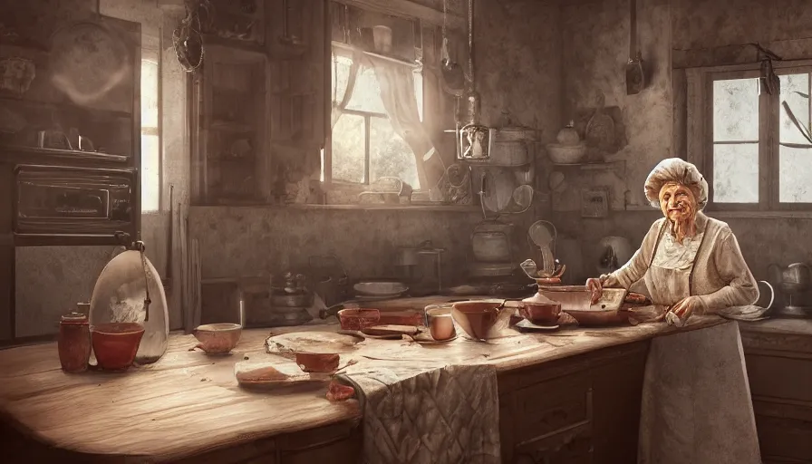 Image similar to old russian lady cooking in her old 1 9 0 0's kitchen, old house, old wooden table, pan and plates, hyperdetailed, artstation, cgsociety, 8 k