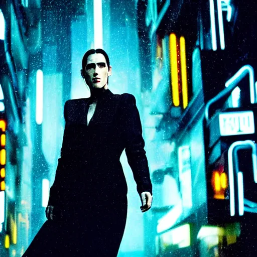 Image similar to jennifer connelly starring in a cyberpunk movie in a distopic futuristic city in the style of bladerunner, movie still, highly detailed, rainy night, volumetric lights, dramatic, scifi, sharp focus, medium shot