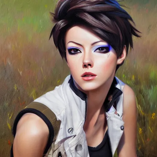 Image similar to oil painting of tracer overwatch in a field, in style of mark arian, expressive face, very detailed face, wearing large detailed black collar, very detailed eyes, full body, feminine face, detailed makeup on eyes,