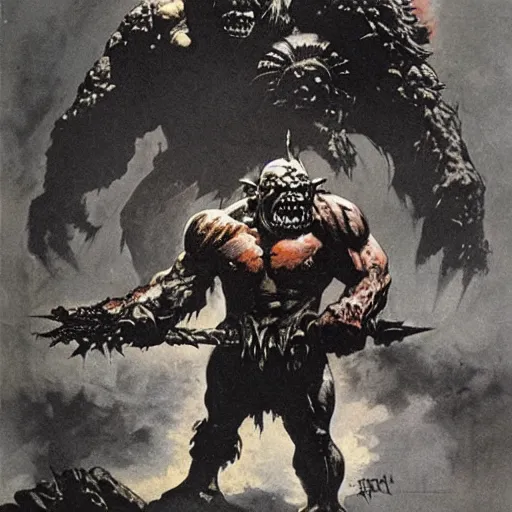 Prompt: angry black ork, illustration by frank frazetta