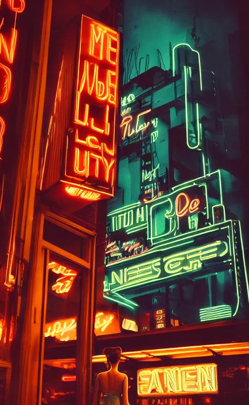 Image similar to vertical movie frame, girl in 5 0's retro restaurant, neon - decorated urban on night in the city seen through the window, modern architecture design, vintage, night, blade runner, dark, clean lines, asian futuristic city at distance, big windows, octane, wide angle