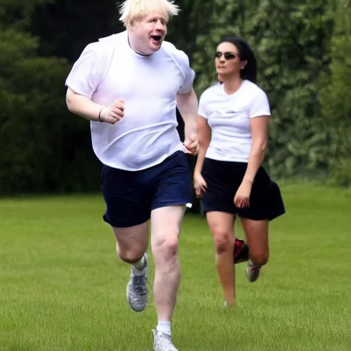 Image similar to Photo of Boris Johnson running, wearing a white t shirt and shorts