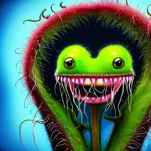 Prompt: cute anthropormorphic furry carniverous plants venus fly trap with large round eyes with long eyelashes and big teeth detailed painting 4 k