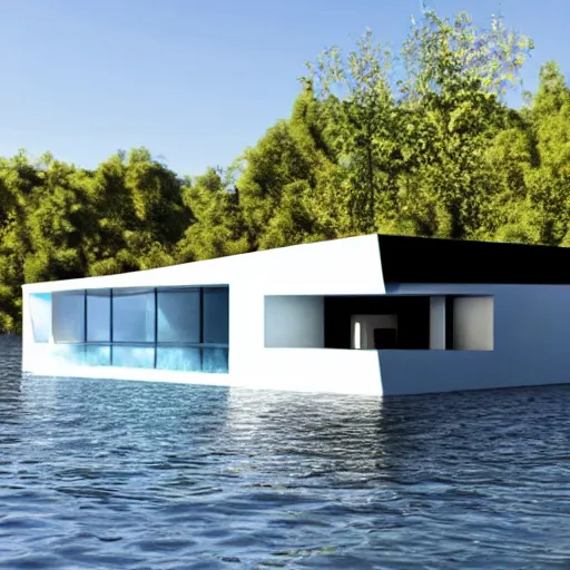 Image similar to ” water floating futuristic house surrounded by water ”