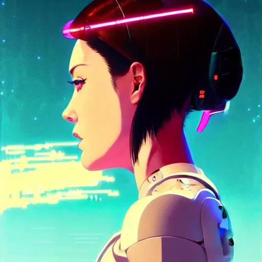 Image similar to side portrait scifi cyborg girl with robotic parts and spacesuit | | head only in center of image, audrey plaza, fine detail!! anime!! realistic shaded lighting!! poster by ilya kuvshinov katsuhiro otomo ghost - in - the - shell, magali villeneuve, artgerm, jeremy lipkin and michael garmash and rob rey