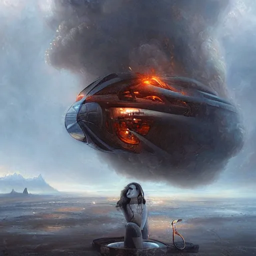 Image similar to a spaceship, stuck in the ground, the spaceship is on fire, smoke, hard rainstorm, angry, kinetic, artgerm and tom bagshaw, highly detailed oil painting,