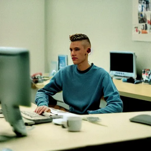 Image similar to kodak portra 4 0 0 photograph of a skinny blonde guy sitting at a 9 0 s computer screen, messy desk, back view, moody lighting, telephoto, 9 0 s vibe, blurry background, vaporwave colors!, faded!,