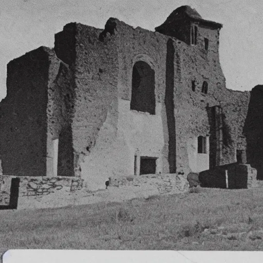 Image similar to a creepy vintage photo of a ruined california mission