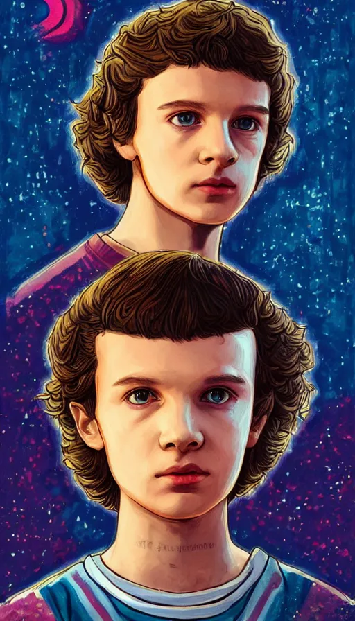 Prompt: Eleven from Stranger Things portrait painted in the style of an ancient royal portrait. Beautiful anime lush forest background. Golden hour. Trending on art station