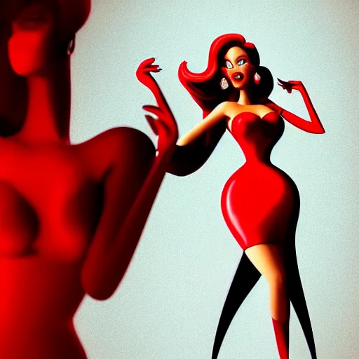 Prompt: photography beautiful flawless jessica rabbit in her red dress, femme fetal, darkroom, dramatic high contrast lighting like sin city, ultra - realistic, intricate detail, 8 k, octane render