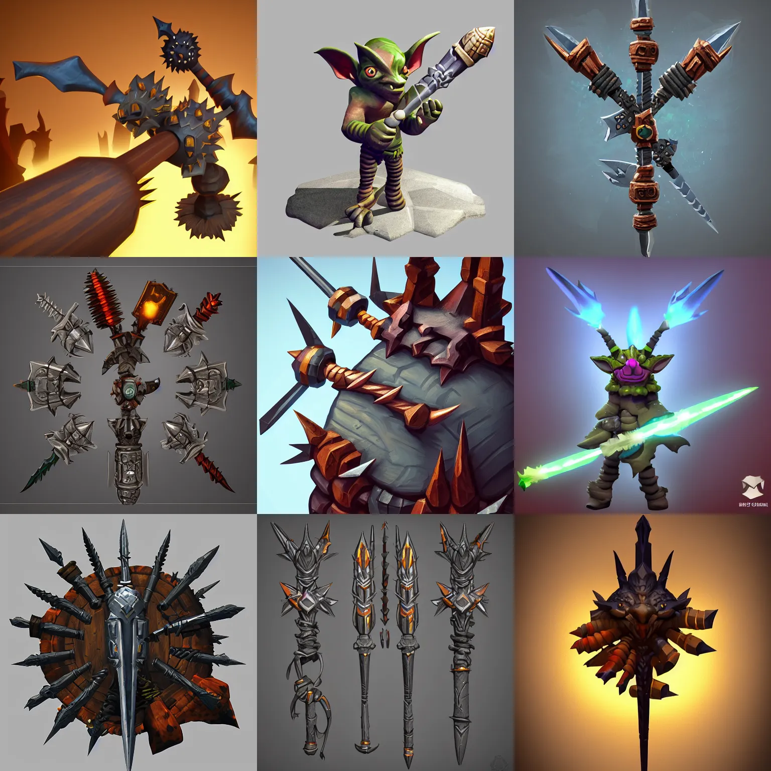 Prompt: a stylised goblin weapon with spikes, goblin weapon is on the center of image, rpg game inventory item, rim light, outer glow, on the white background, vray, stylised hand painted textures, trending on artstation