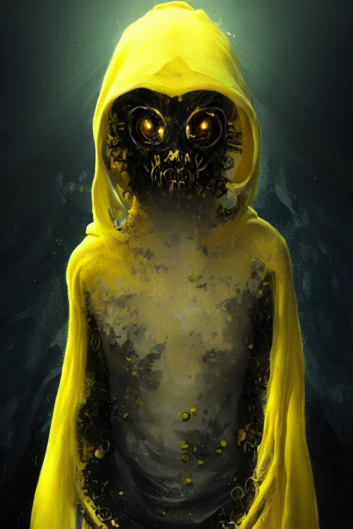 Prompt: A full body portrait of a mysterious character with no face with a very long hooded yellow cloak with black tentacles coming out the bottom and eyes floating in the air art by Maciej Kuciara and Jason Chan, ominous, cosmic horror, trending on artstation, Ultra detailed, hyper realistic 4k