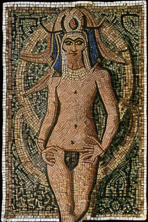 Image similar to a ceramic mosaic of astarte, detailed faces, intricate detail, ancient babylonian art, occult art, alchemical diagram