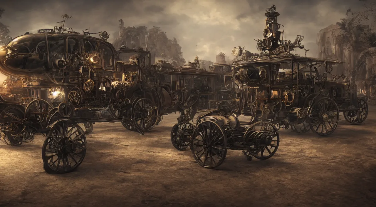 Image similar to Steampunk car, 8K, from a distance, trending on artstation, 8K 3D, volumetric light, lightrays, smoke, cinematic, atmospheric, octane render, insanely detailed and intricate by jules verne