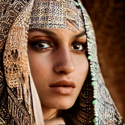 Image similar to portrait of a stunningly beautiful persian tribal female, depth of field, zeiss lens, detailed, symmetrical, centered, fashion photoshoot, by Annie Leibovitz and Steve McCurry, David Lazar, Jimmy Nelsson, Breathtaking, 8k resolution, extremely detailed, beautiful, establishing shot, artistic, hyperrealistic, beautiful face, octane render