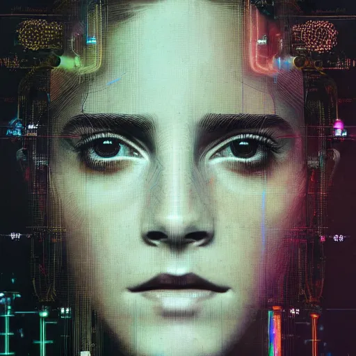 Image similar to female cyberpunk Emma Watson portrait by cy Twombly and BASTIEN LECOUFFE DEHARME, highly detailed circuit boards, led display, iridescent fractal, integrated wiring, high tech, neon lights