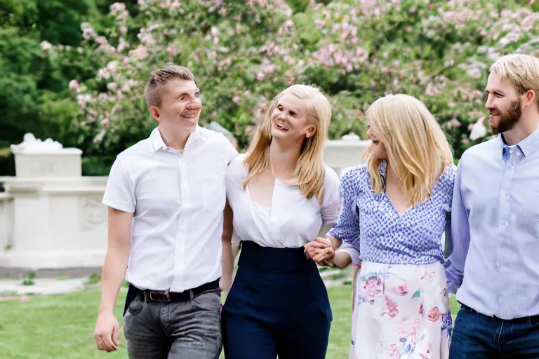 Prompt: 3 5 year old blonde female president, walking in the white house rose garden, holding hands with her two younger boyfriends, professional photo, dslr, bokeh