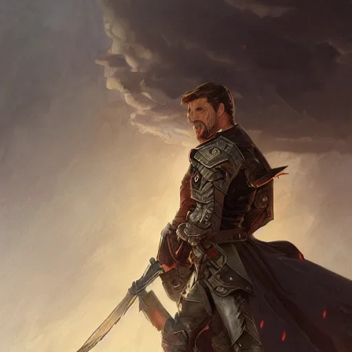 Prompt: portrait of a ruggedly handsome wizard soldier with short brown hair and stubble wearing leather armor and a cape summoning a storm cloud, half body, fantasy, highly detailed, digital painting, artstation, concept art, character art, art by greg rutkowski and tyler jacobson and alphonse mucha