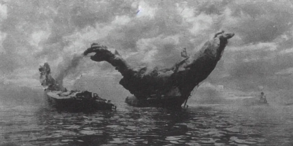 Image similar to a boat being grabbed by a giant underwater hand, 1 9 0 0 s photograph