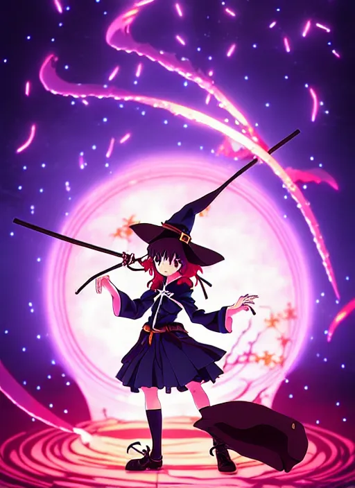Image similar to key anime visual portrait of an adult witch defending with magic, dynamic pose, cinematic, film grain, designed by yoh yoshinari, detailed, intricate, at night, dramatic lighting