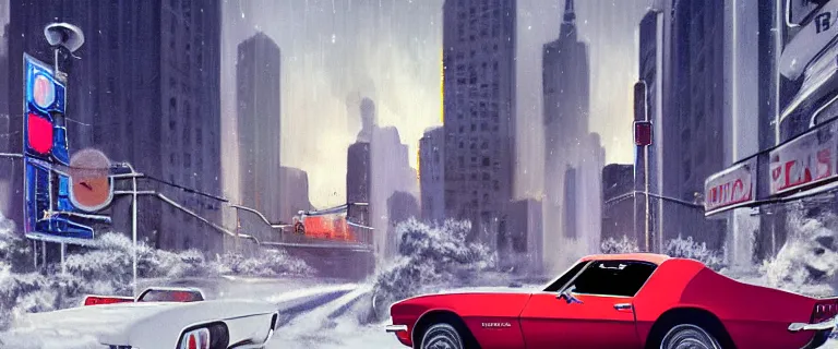 Image similar to Ermine White Chevrolet Camaro Z28 Convertible (1967), a gritty neo-noir, dramatic bright lighting, cinematic, establishing shot, extremely high detail, photorealistic, cinematic lighting, artstation, by simon stalenhag, Max Payne (PC) (2001) winter new york at night