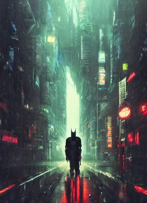 Image similar to cyberpunk batman, rule of thirds, russia, moscow, rain, lights, close shot, hyperdetailed, high quality, ultrarealistic, sculls, neon glow, 3 d, 8 k, ultra high detailed, by giger, trending on artstation, spotlight, by greg rutkowski, by da vinci, by van gogh, by jeremy mann, digital painting