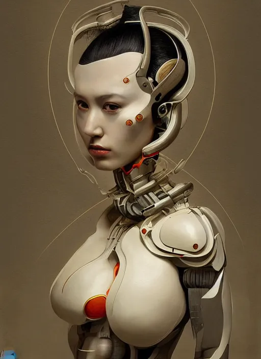 Image similar to portrait of a futuristic geisha cyborg, thick brush strokes, in the style of ghost in the shell, kintsugi, modern fine art, fractal, intricate, elegant, highly detailed, digital photography, subsurface scattering, by jheronimus bosch and greg rutkowski,