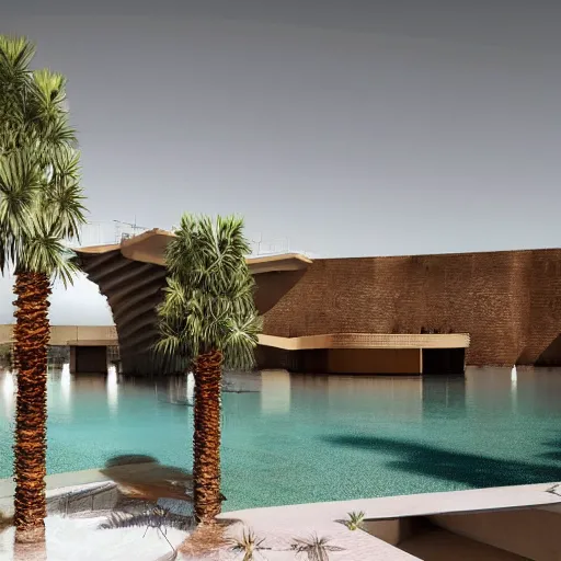 Image similar to brutalism conceptual hotel in the desert, biophilia mood, pool, garden, highly detailed, cinematic, photorealistic,