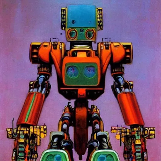 Prompt: colourful mecha robot, art drew struzan, stanley artgem lau & zdzislaw beksinski