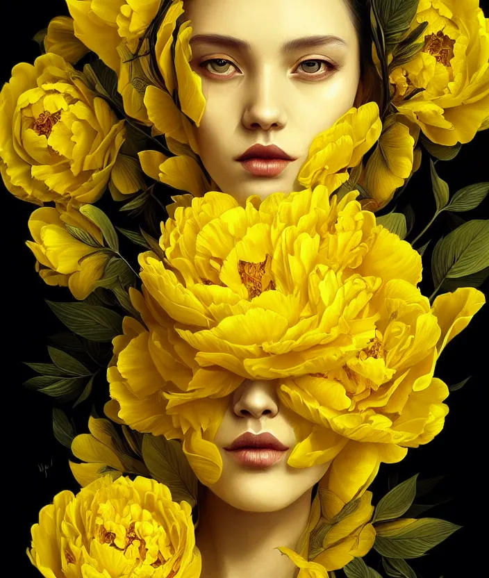 Image similar to beautiful yellow woman, symmetrical portrait, realistic, full body, black peonies, snake twist, rich details, by wlop