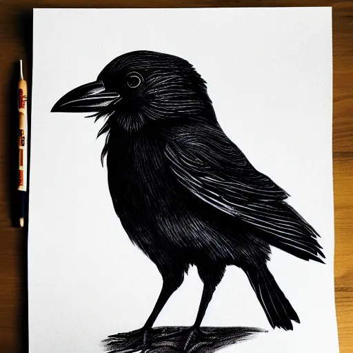 Image similar to detailed crow illustration, full body, surrealist, black ink on white paper, sketched 4k