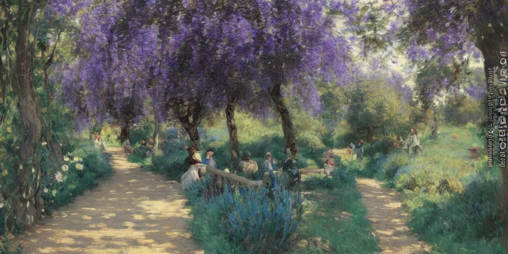 Image similar to enchanted garden, lavender and teal, pathway, flowers, high detail, matte painting, naturalism, by Émile Friant,