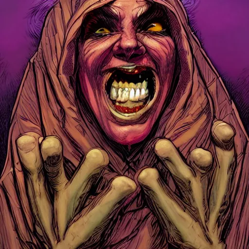 Prompt: precisely drawn illustration of a cloaked sorceress laughing, wide angle, sharp, fine details, French comic style, vibrant realistic colors, full color, heroic fantasy, intense line art, 8k, precise linework, realistic, in the style of Richard Corben and Moebius