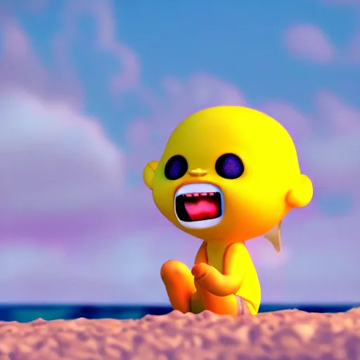 Prompt: final render made with blender of a cute yellow and orange kawaii baby demon with slow eyes and little fangs standing on a beach, by pixar and studio ghibli