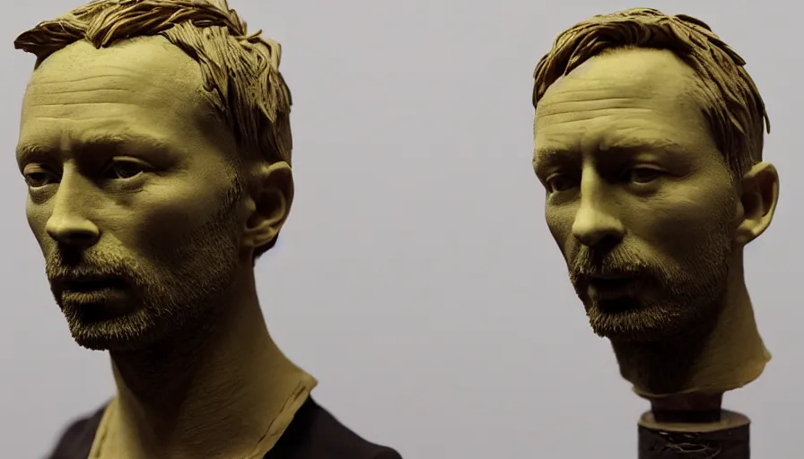 Image similar to a bust of thom yorke made of chocolate, sitting on a table