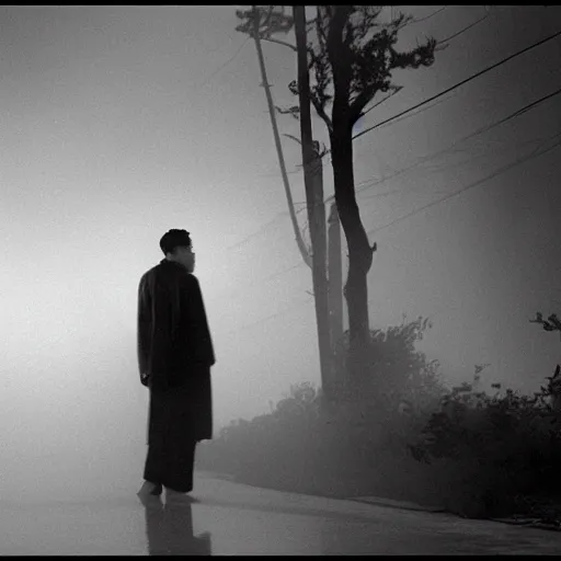 Image similar to a man in the fog and a giant starfish monster emerging above, 1950s Korean film noir in the style of Orson Welles and Ishirō Honda, ambient