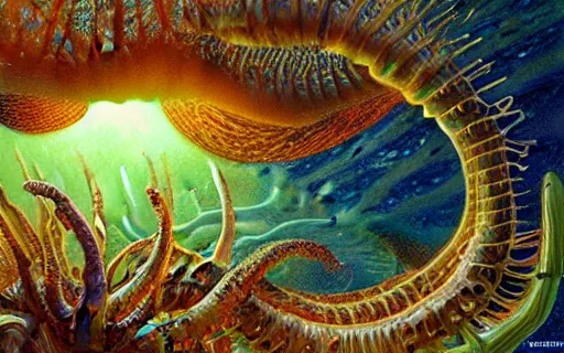 Prompt: Bioluminescent Life in the Deep Sea of an Exoplanet, art by Donato Giancola and Marc Simonetti and Ernst Haeckel, 8k resolution