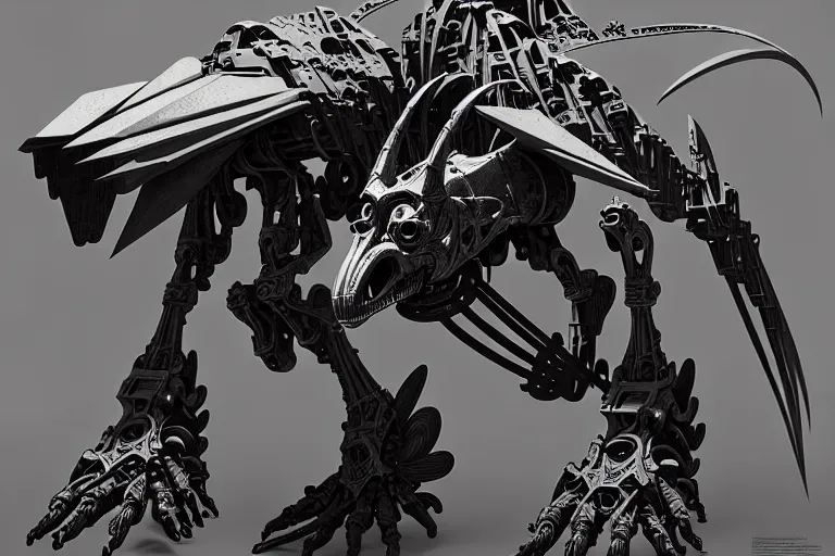 Image similar to pterodactyl cyborg mech wings, by alexandre ferra, zezhou chen, peter gric, mohamed reda and hr giger, hyper detailed line art, screen print, character concept art, realistic, coherent, octane render, zbrush central, behance hd, hypermaximalist
