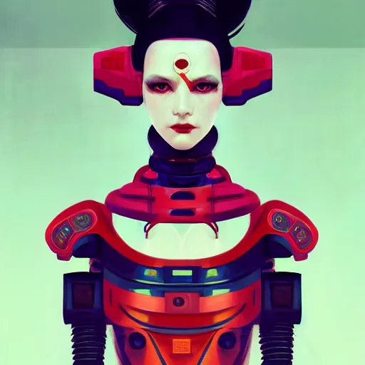 Prompt: cyberpunk geisha android robot portrait painting, medium shot, asymmetrical, profile picture, organic painting, sunny day, matte painting, bold shapes, hard edges, street art, trending on artstation, by huang guangjian, ash thorp and gil elvgren and sachin teng