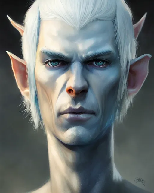 Image similar to character portrait of a slender half elf man with white hair, piercing blue eyes, and pale bluish skin, by greg rutkowski, mark brookes, jim burns, tom bagshaw, trending on artstation