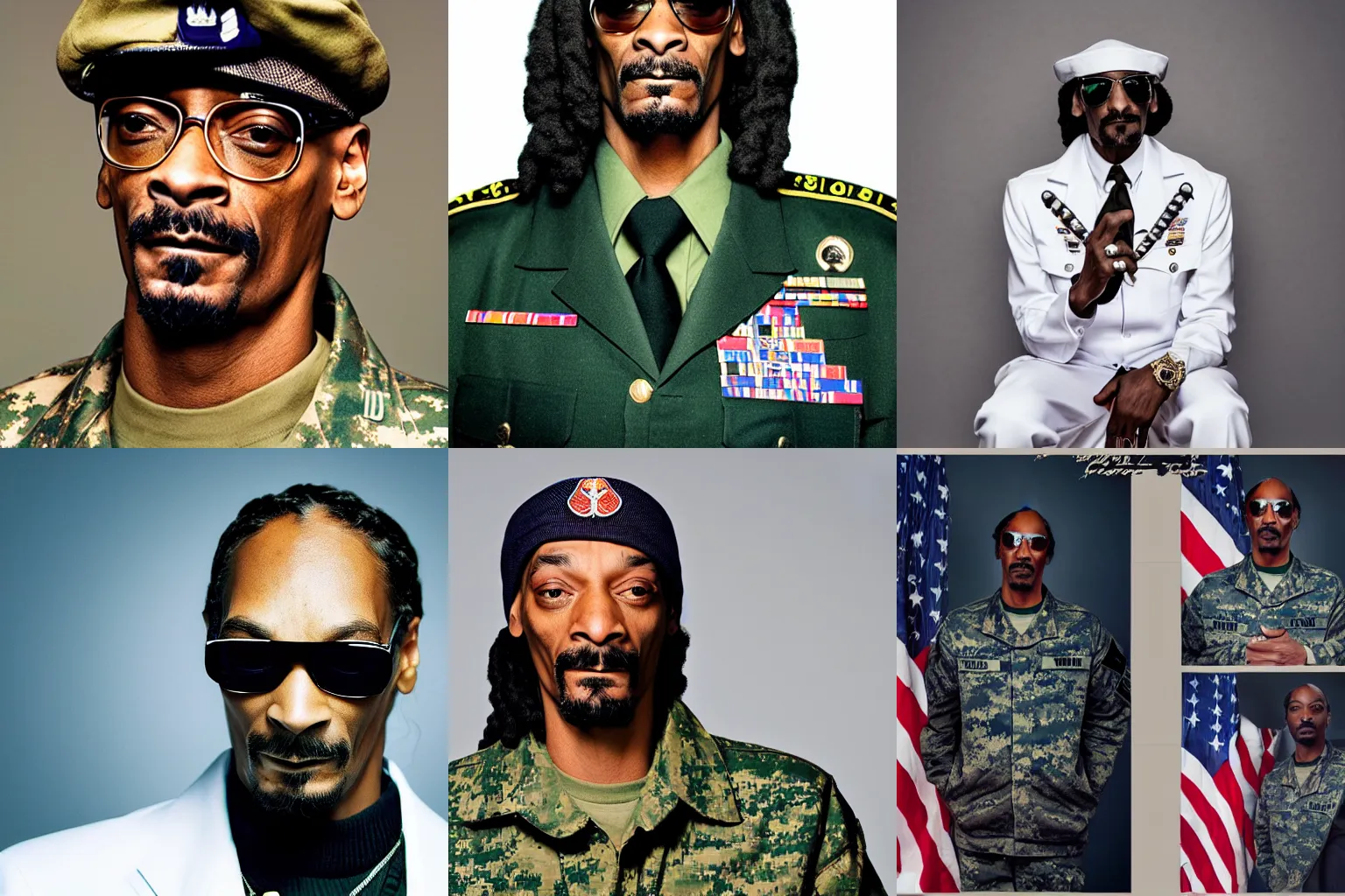 Prompt: Snoop Dogg in military, professional photography