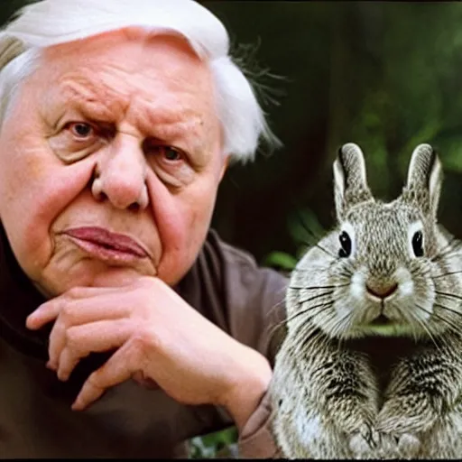 Prompt: david attenborough sitting next to a rabid rabbit, still from nature documentary