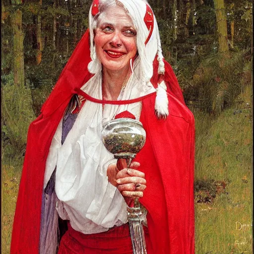 Image similar to a frontal portrait of a priestess, dressed in white and red, ( with a smile that hurts header face ), by donato giancola and norman rockwell.