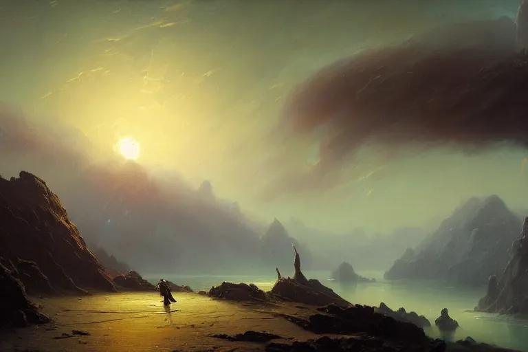 Prompt: a beautiful oil painting landscape on an alien planet with death, large death exploding, by ivan aivazovsky, randy gallegos and jc leyendecker and craig mullins, moebius and raphael lacoste, concep art wallpaper 4 k, trending on artstation, concept art, cinematic, unreal engine, trending on behance